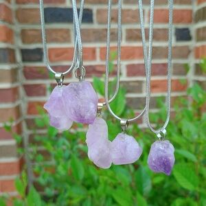 Bulk, Set Of 5 Natural Amethyst Crystal Pendant Necklaces Stainless Steel Chain